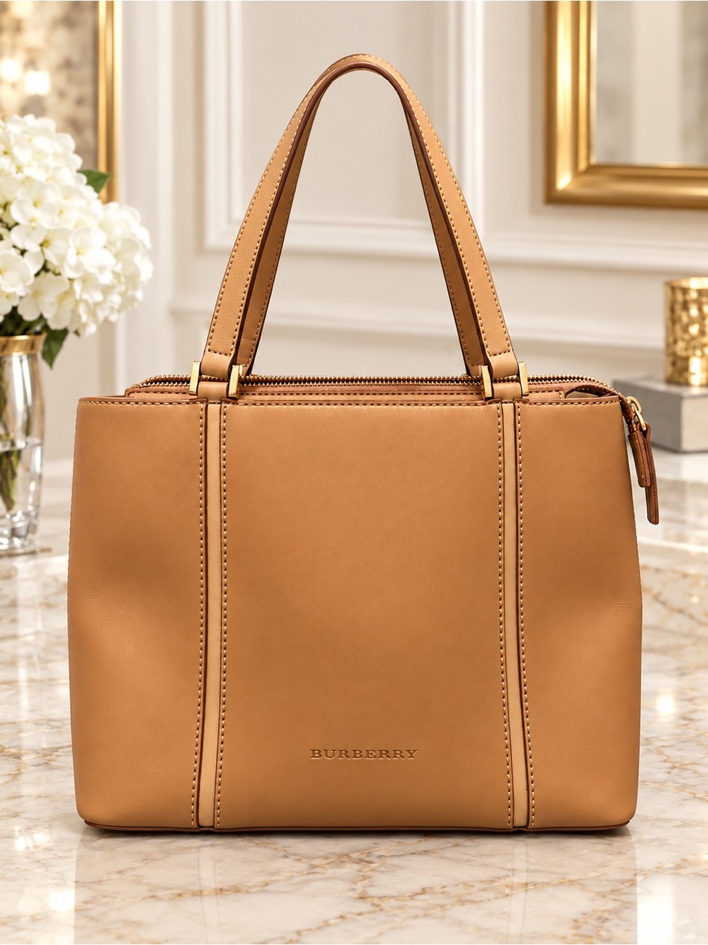 Authentic Burberry Tan Leather Tote Bag